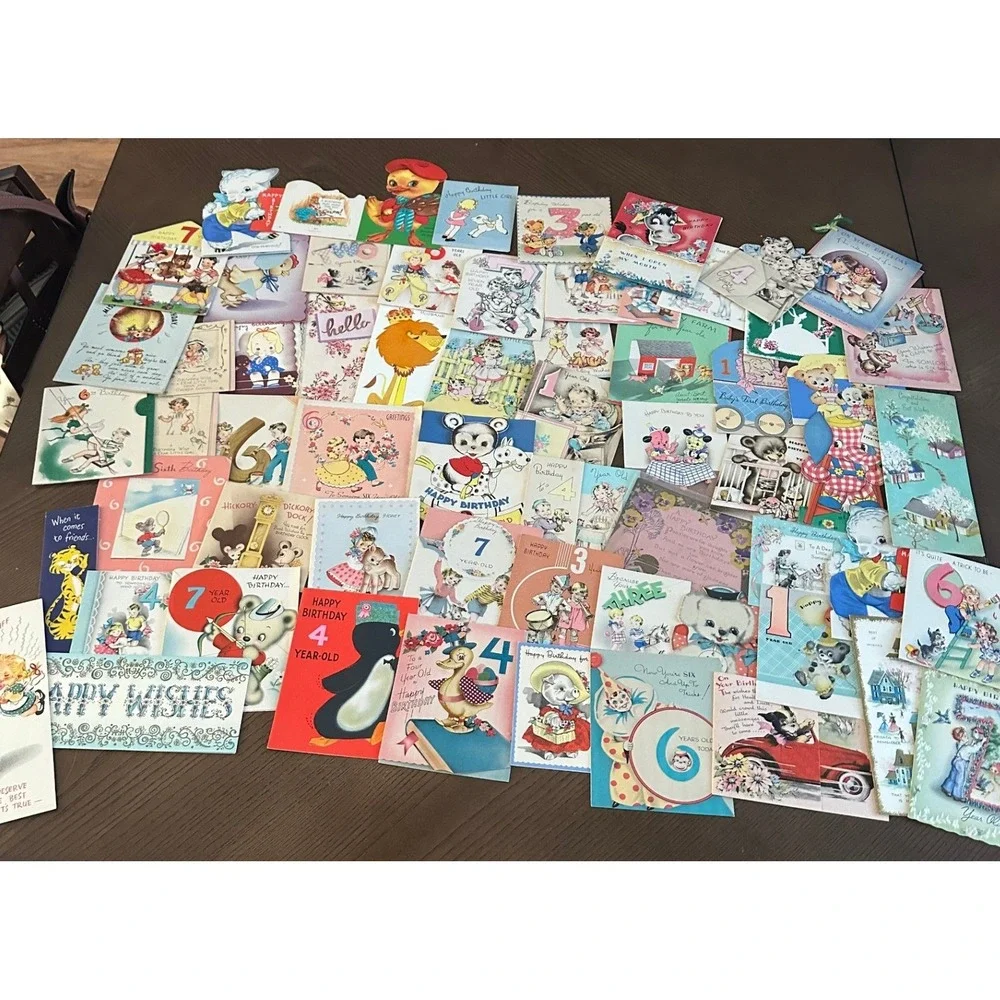 Vintage Birthday Cards Lot Mid Century Childrens Ephemera Animals Ages 1-7 60+pc